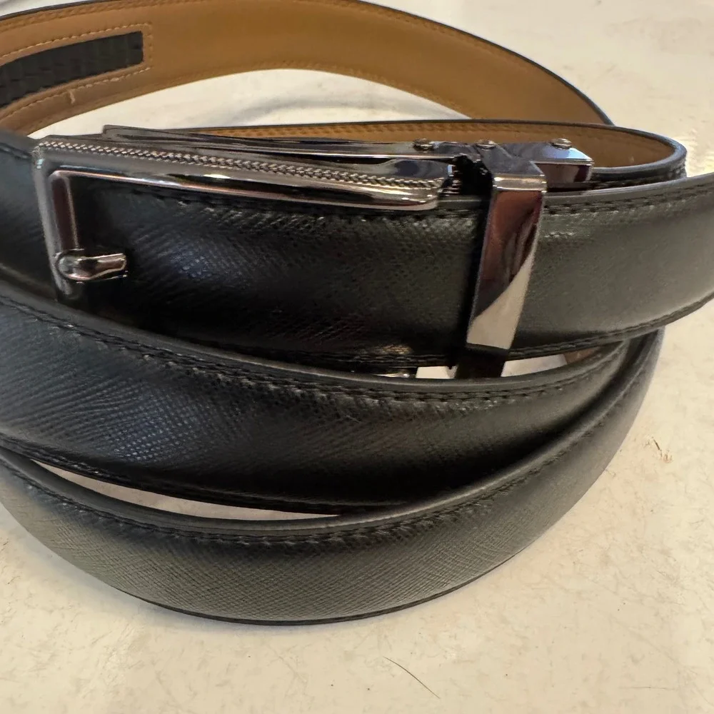 Linxx Ratchet Belt Mens 32 Black Saffiano Leather Gunmetal Slide Buckle